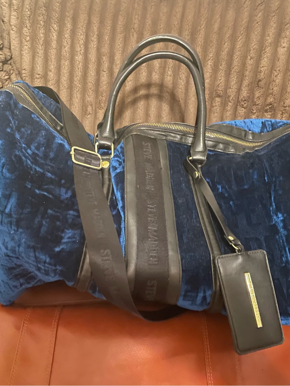 Steve Madden Royal Blue Velvet Travel Duffel with Black Trim
